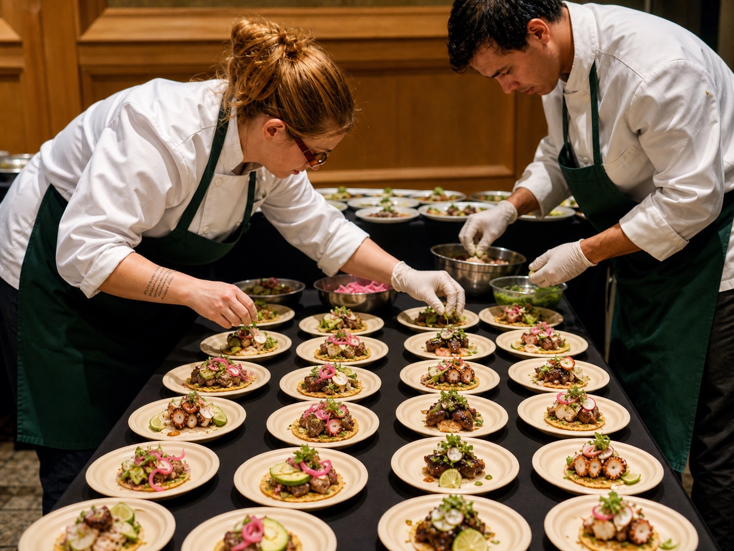 Catering team preparing and serving food at a full-service event