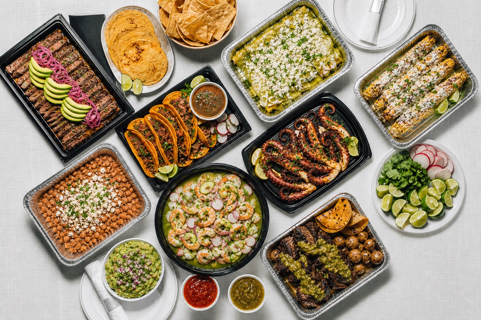 A generous spread of ready-to-serve Mexican catering trays