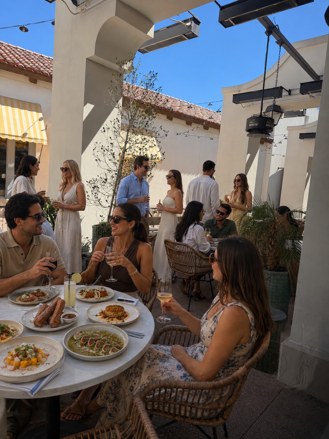 Friends enjoying a catered patio gathering at BLU Seafood Scottsdale