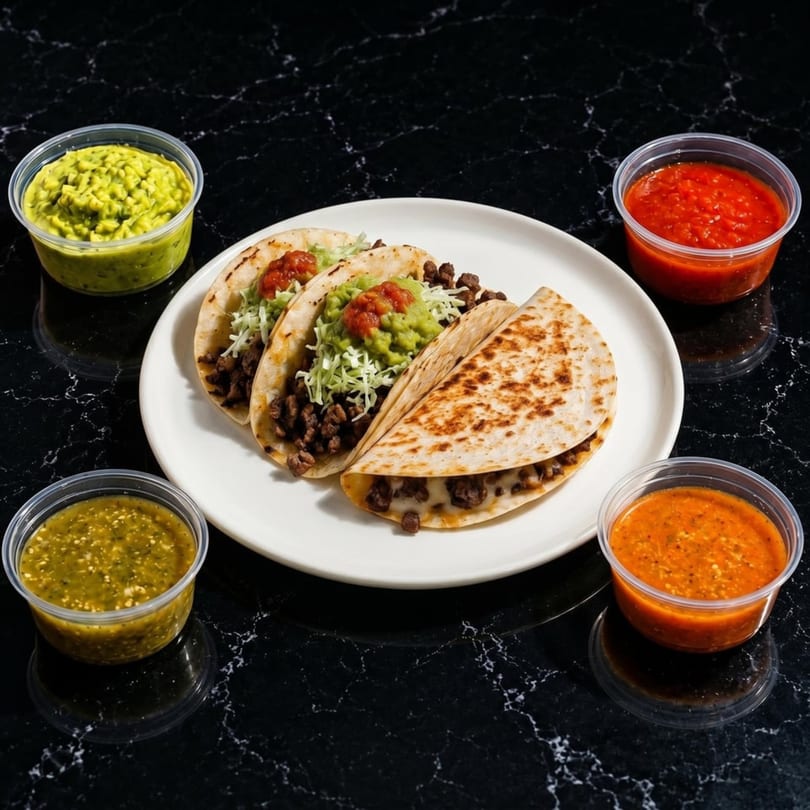 Three tacos and a quesadilla on a white plate, surrounded by four small containers of salsa and guacamole.