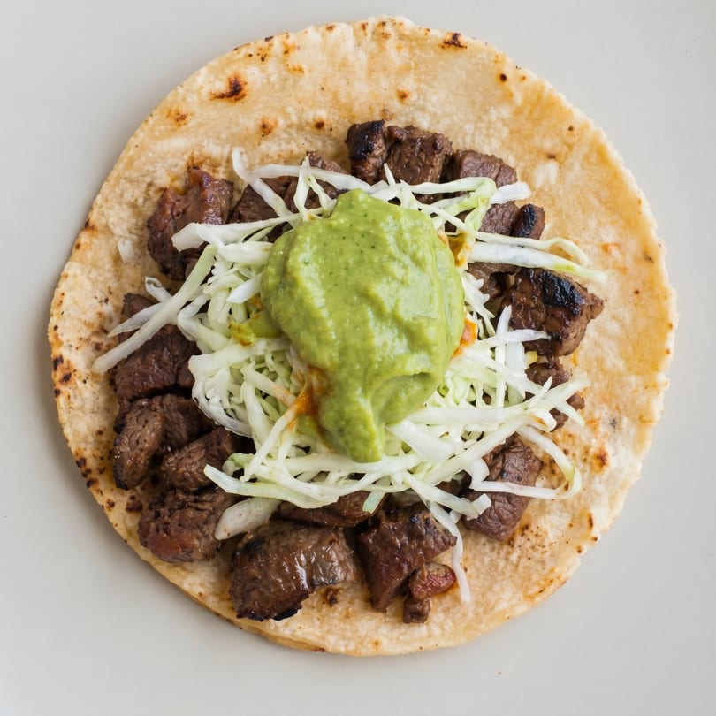 Overhead view of a single carne asada taco with guacamole and shredded cabbage on a white plate.