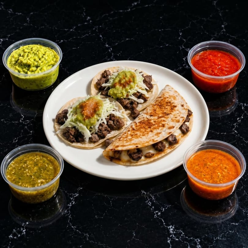 Two beef tacos and a quesadilla with four containers of salsa and guacamole on a black marble surface.