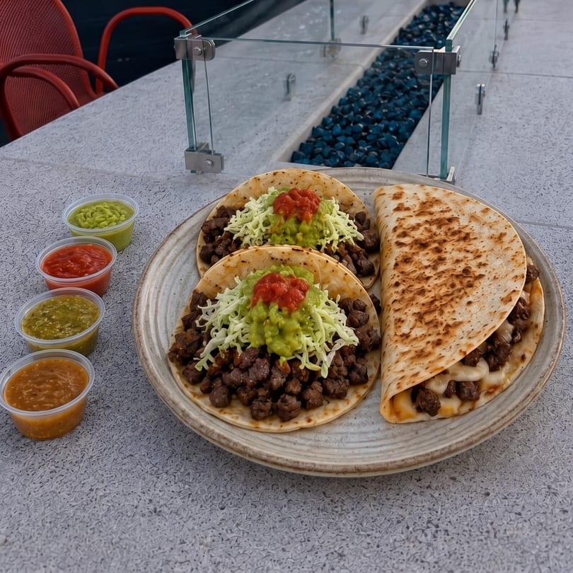 Two beef tacos and a quesadilla with four dipping sauces on a table next to a fire pit.